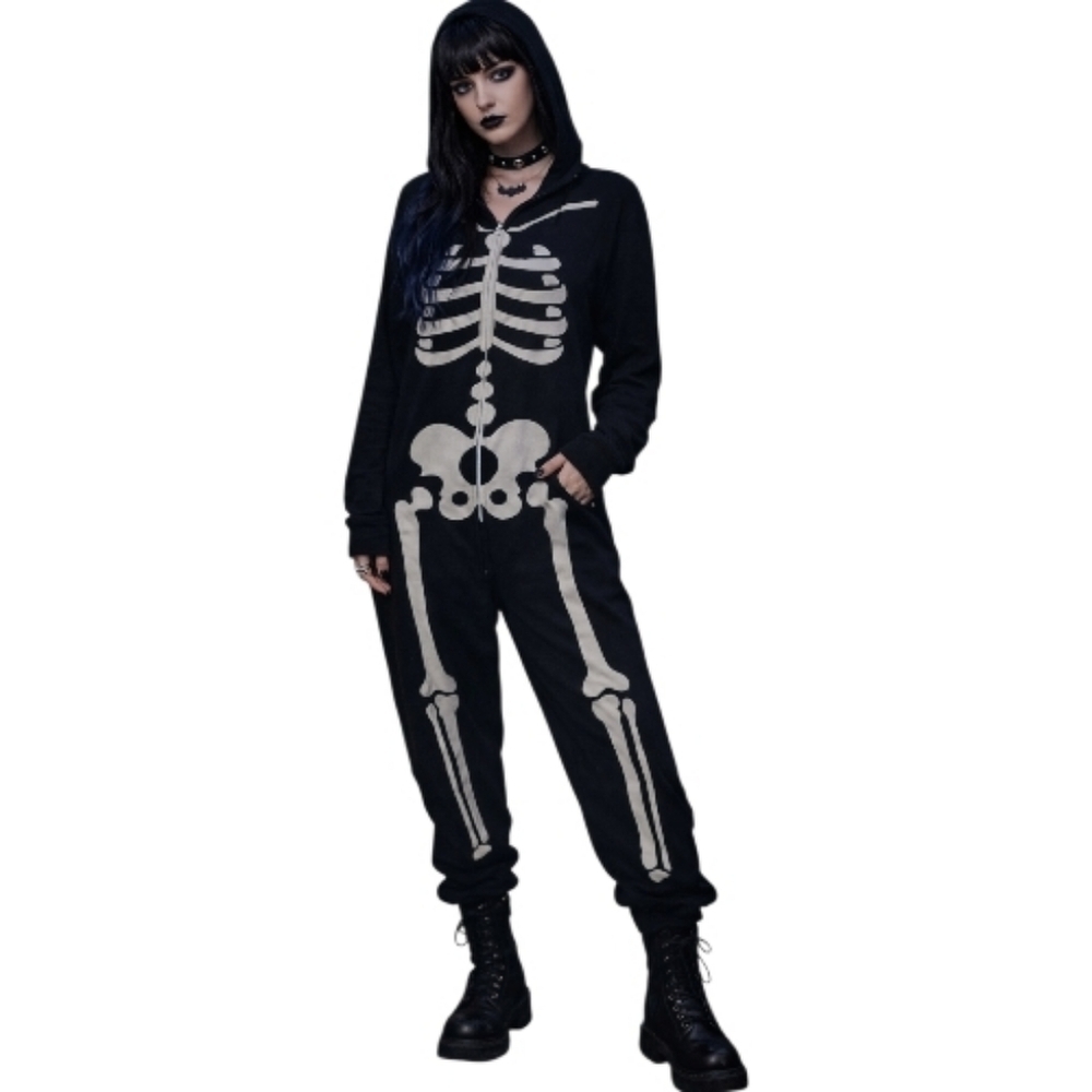 skeleton onesie hoodie hooded black white costume halloween pajamas hot topic XL